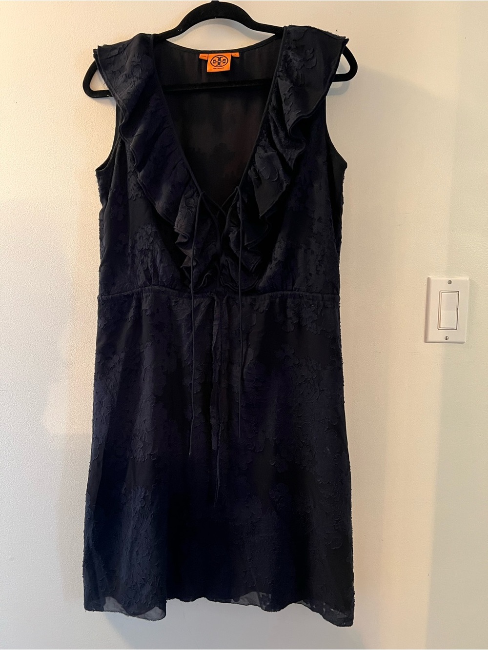 Tory Burch Navy Sleeveless Ruffle V-Neck Dress